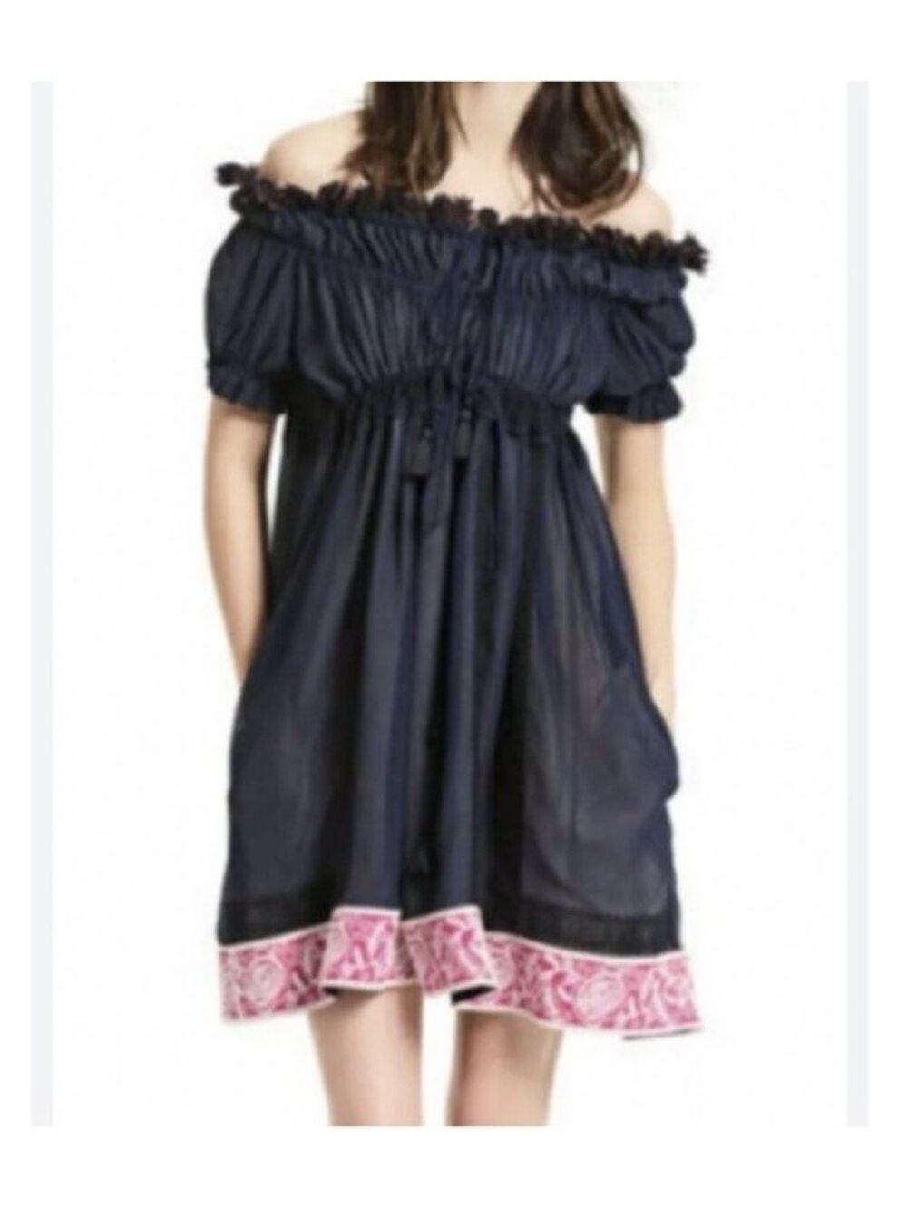 Chloe Silk Navy Embroidered Off the Shoulder Dress Made in France 38 US 6